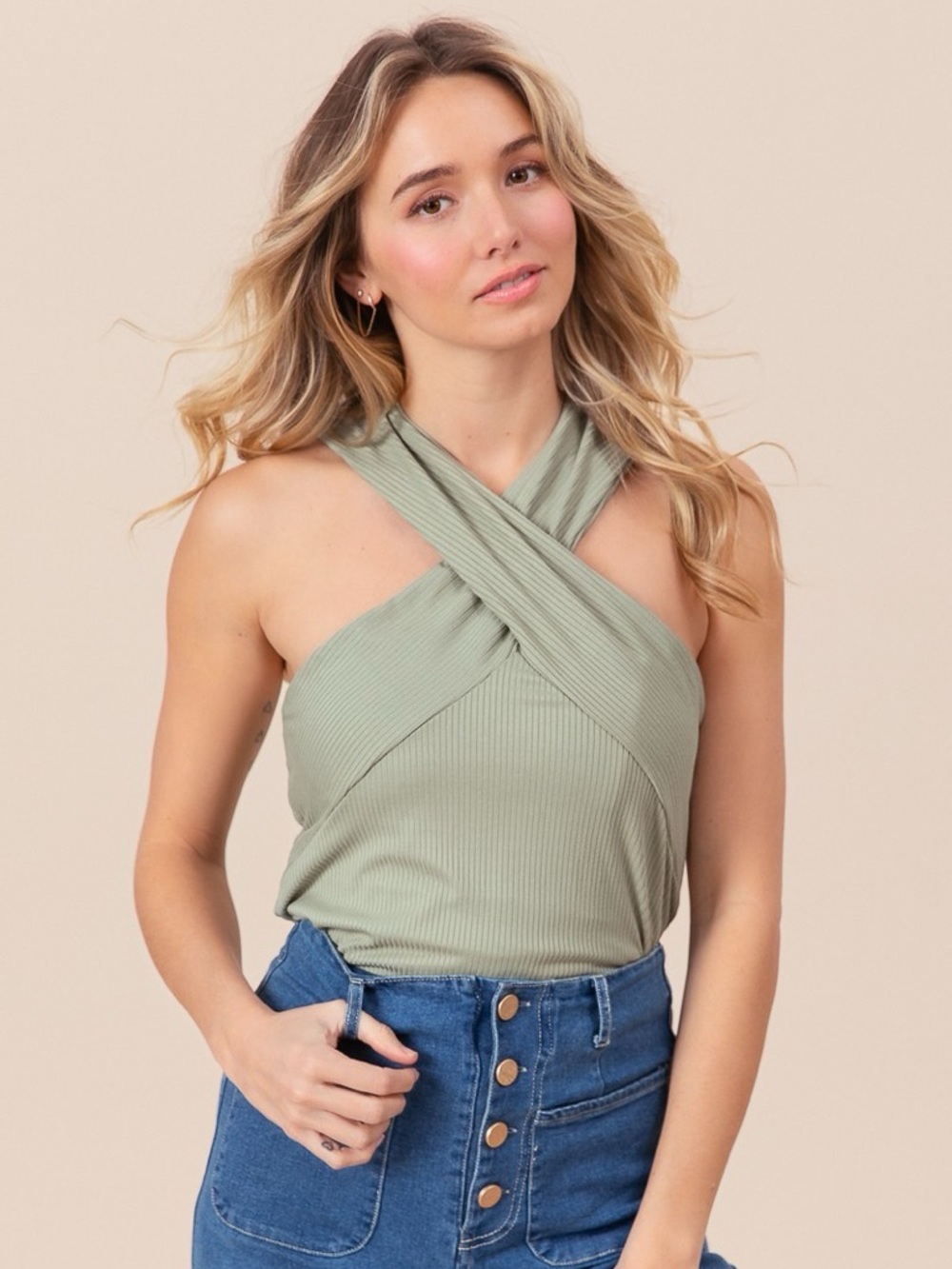 BiBi Rib Knit Cross Neck Banded Top - Picture 3 of 3